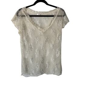 Perfect Fit Lace Shirt Y2k Medium Cream Sheer V Neck Fairy‎ Floral Top Dainty